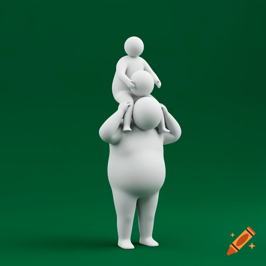 A 3D rendered white stylized figure carries a smaller figure on its shoulders against a green background.