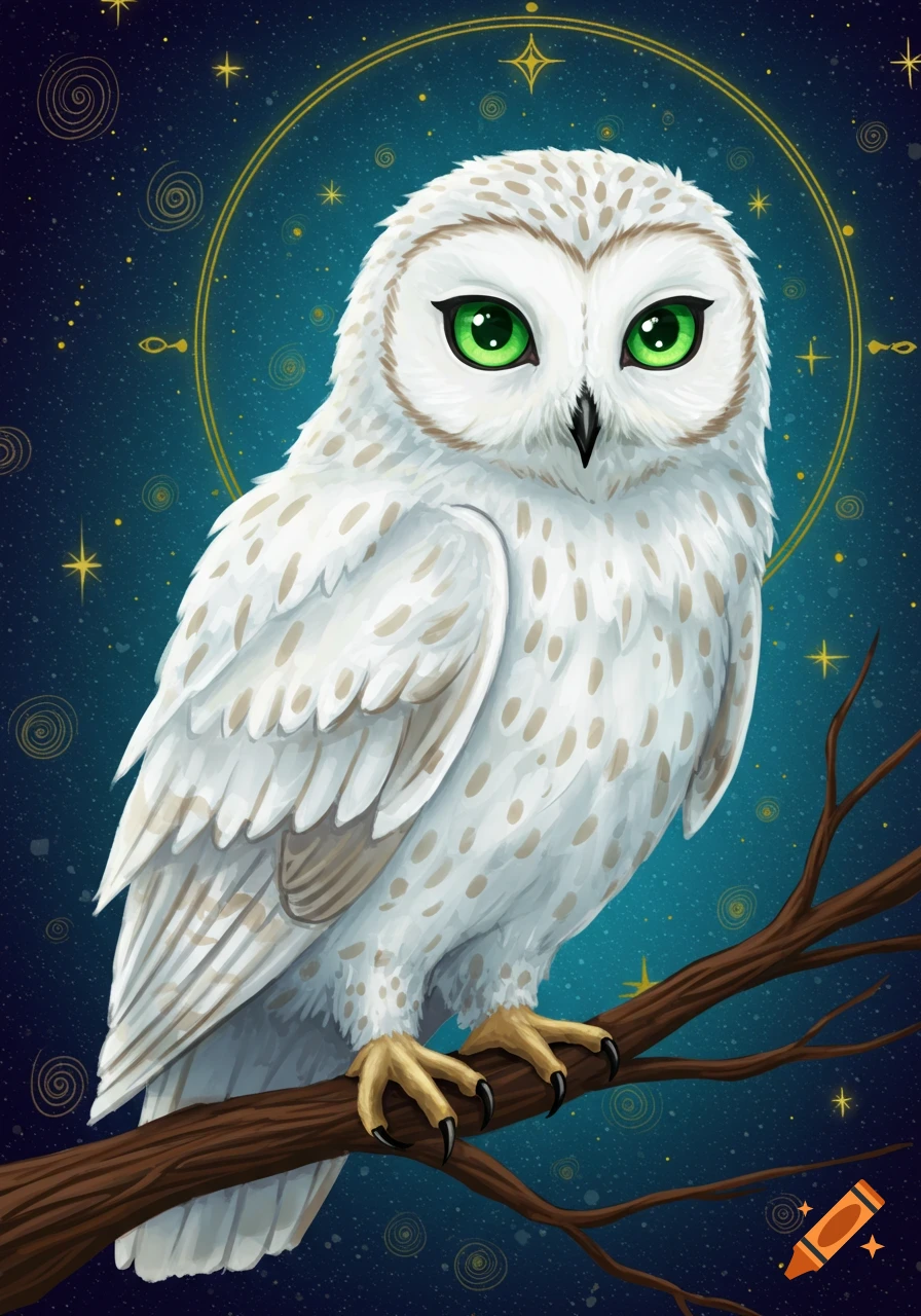 Stylized illustration of a white owl with green eyes perched on a branch against a starry sky with golden symbols.
