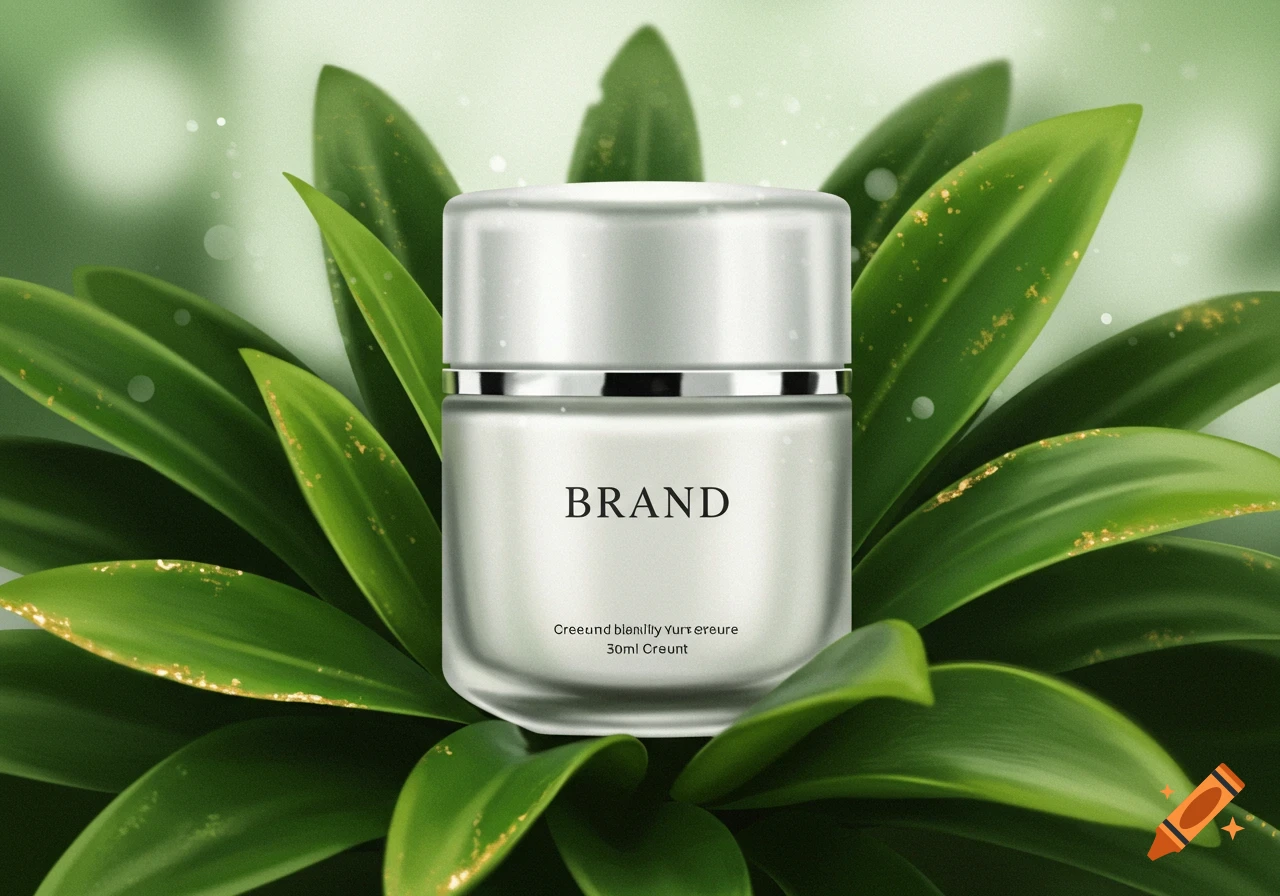 A silver cosmetic jar rests on large green leaves, with a soft background bokeh.