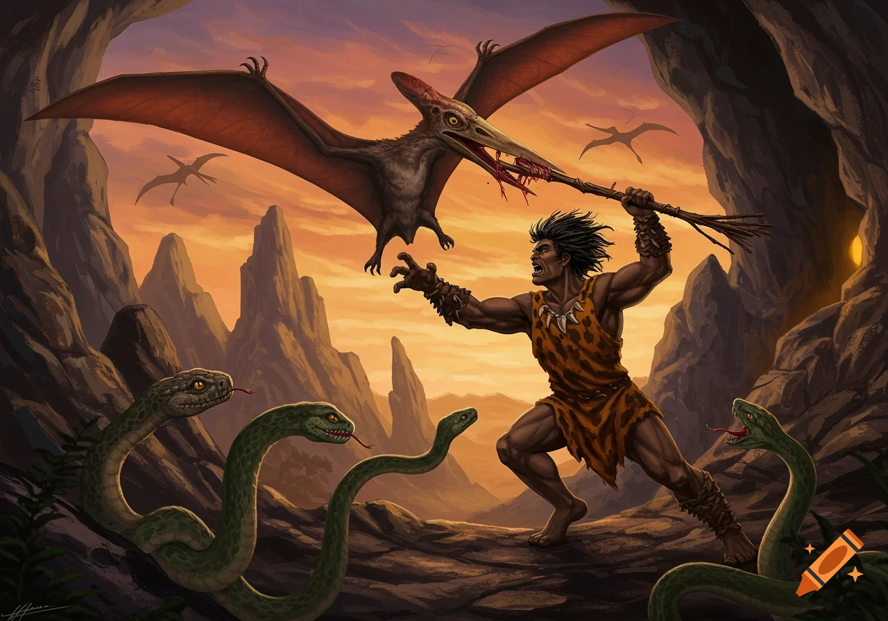 Caveman fights a pterodactyl and snakes in a rocky prehistoric landscape.