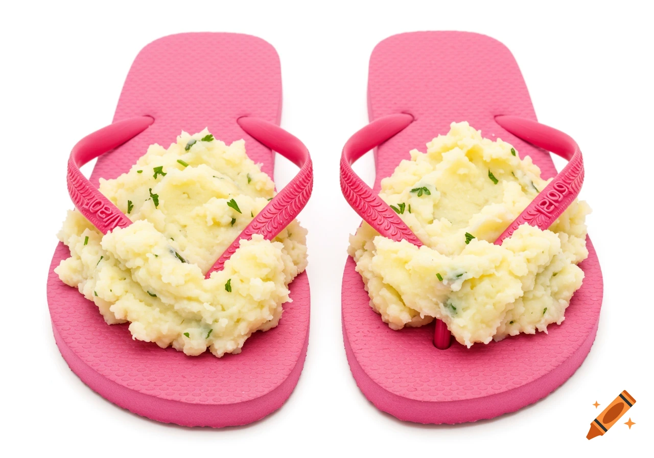 Mashed potatoes piled on a pair of pink flip-flops on a white background.