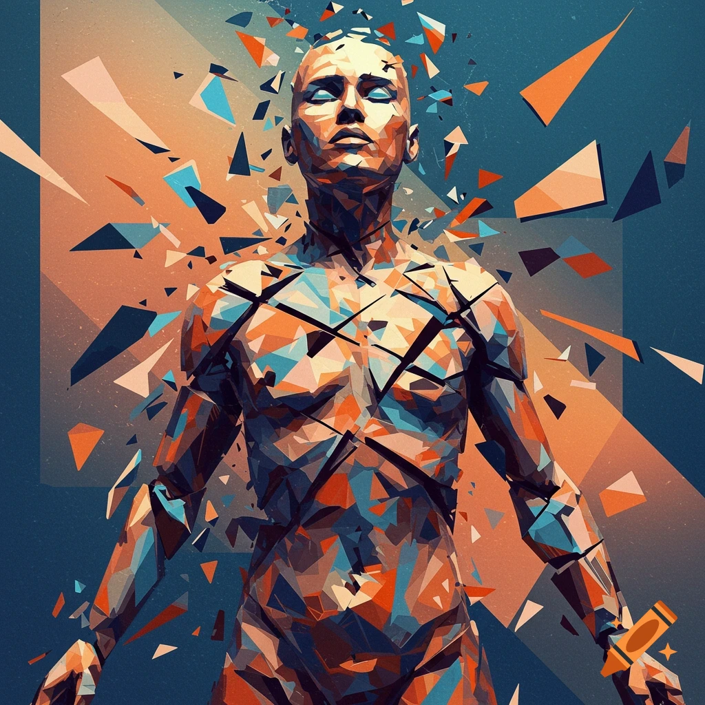 Abstract human figure shattering into colorful geometric pieces