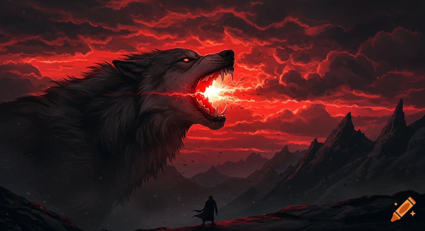 Giant wolf roaring energy against a red sky and dark mountains with a figure below.