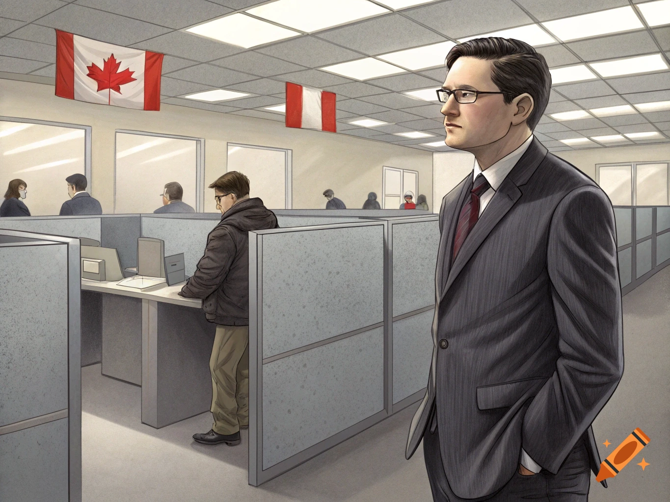 Man in suit in office with cubicles, Canadian flag overhead.