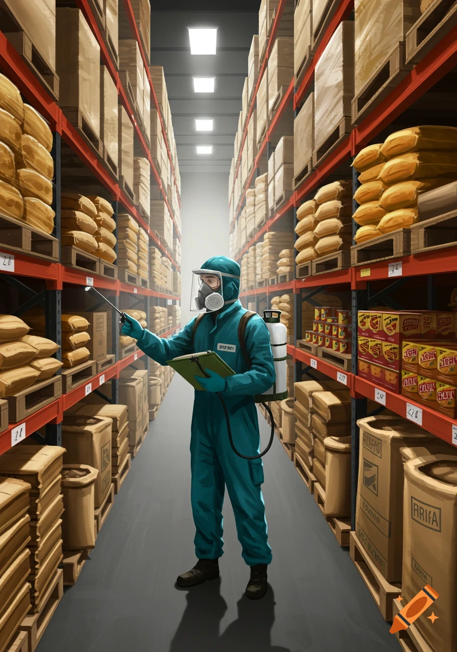 A person in a hazmat suit with a sprayer checks items on shelves in a food warehouse.