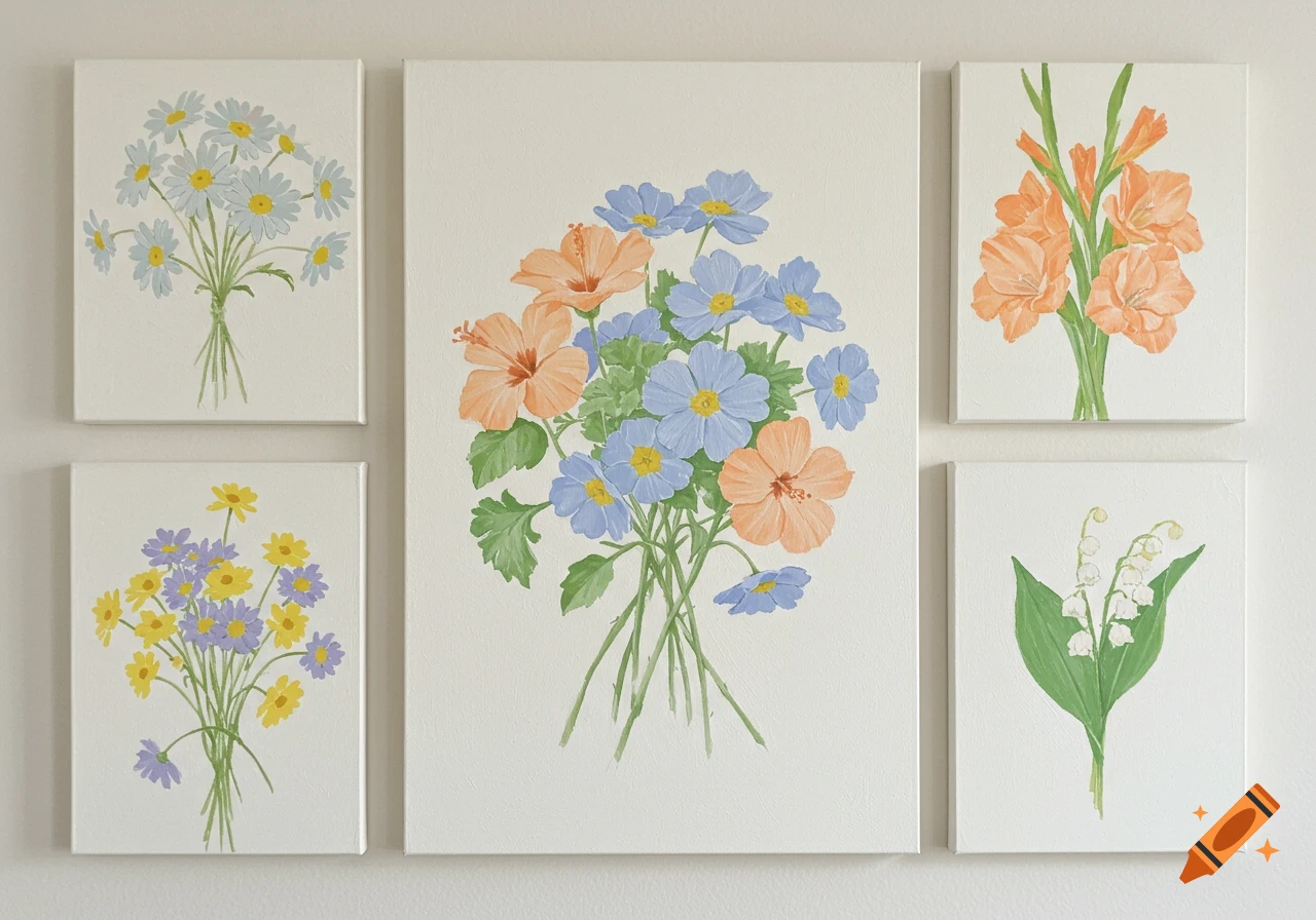 Five paintings of flower bouquets displayed on a wall, featuring daisies, hibiscus, primroses, gladiolus, and lily of the valley.