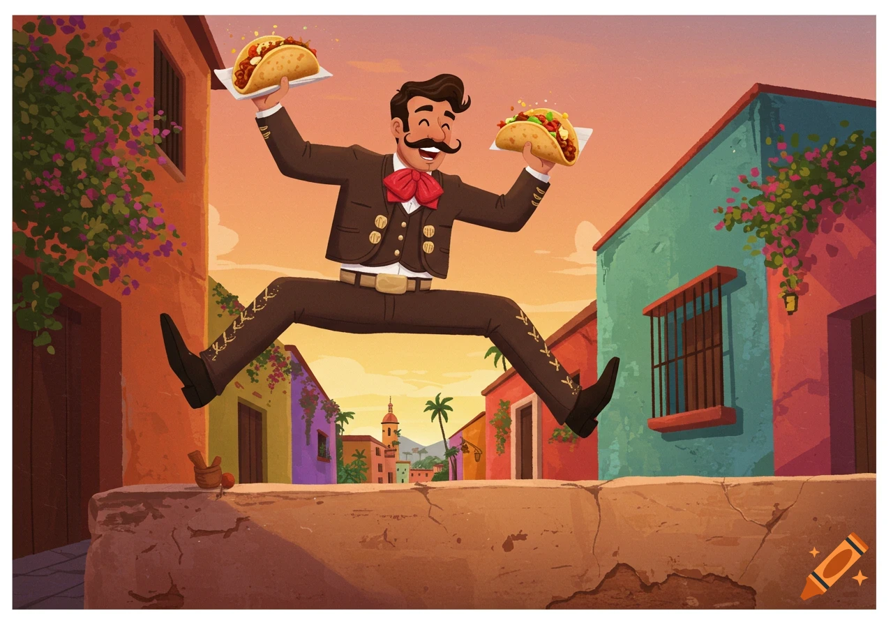 Illustration of a man in a mariachi suit jumping over a wall with tacos in a Mexican village.