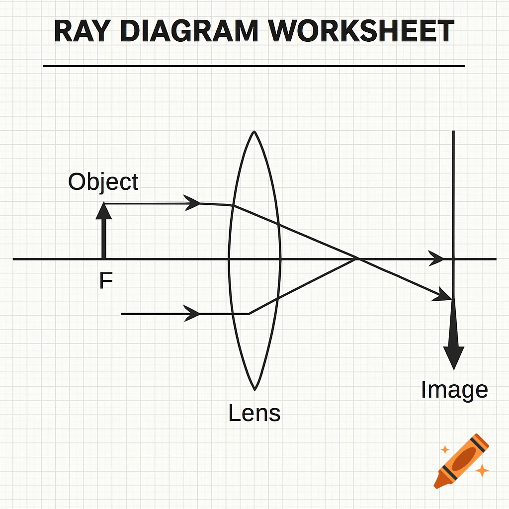 Ray diagram showing light rays from an object passing through a converging lens to form an image on a graph background.