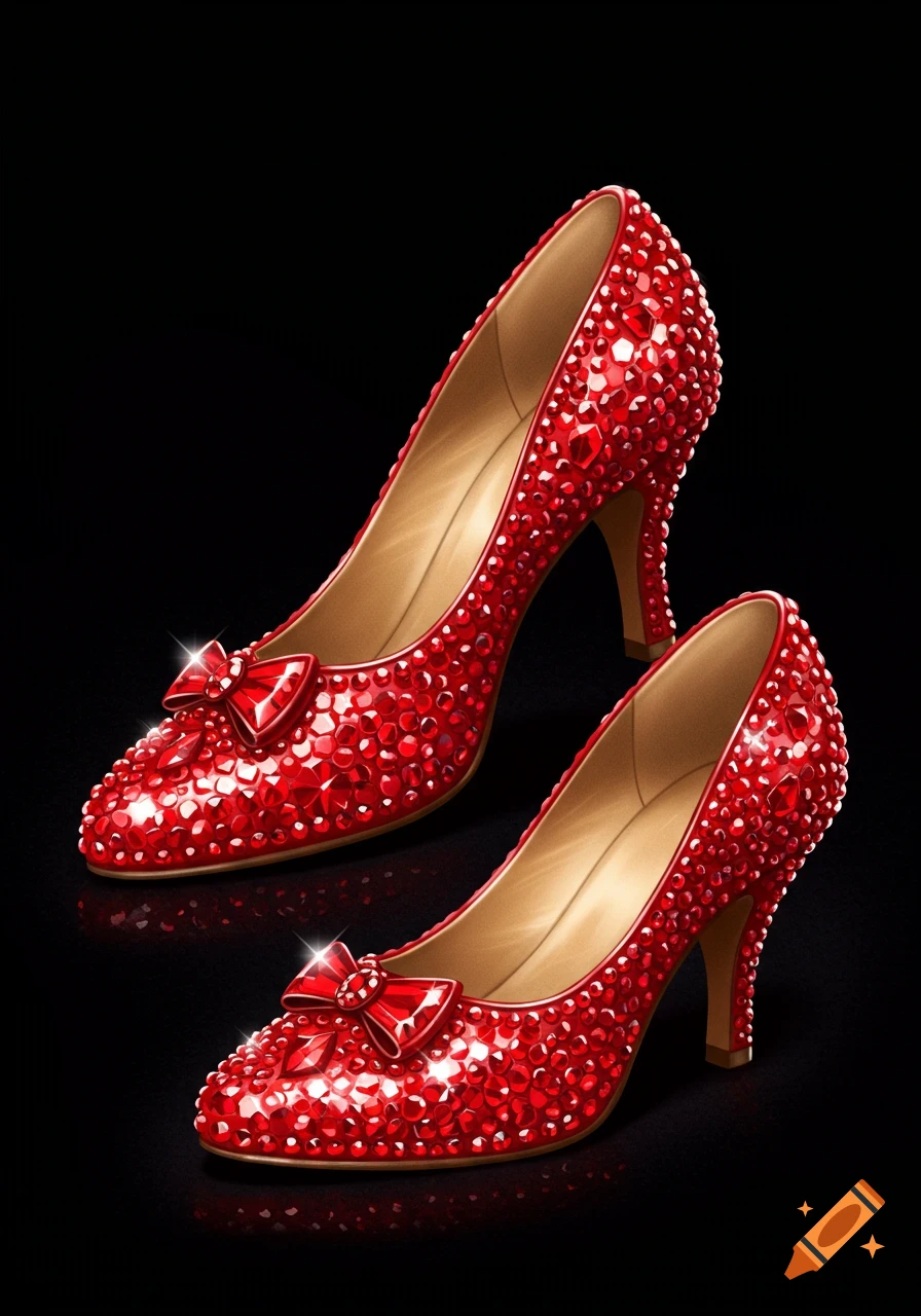 Two sparkling red ruby slippers on a black background.