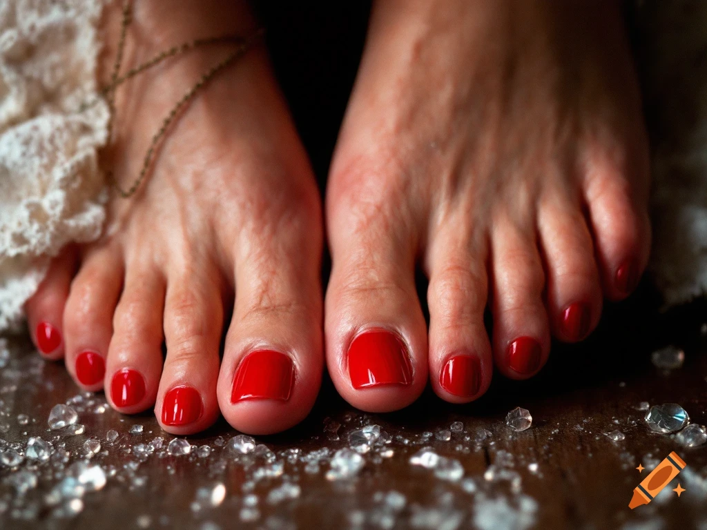 Close up of feet with red toenails, an anklet, and glass shards on a floor.
