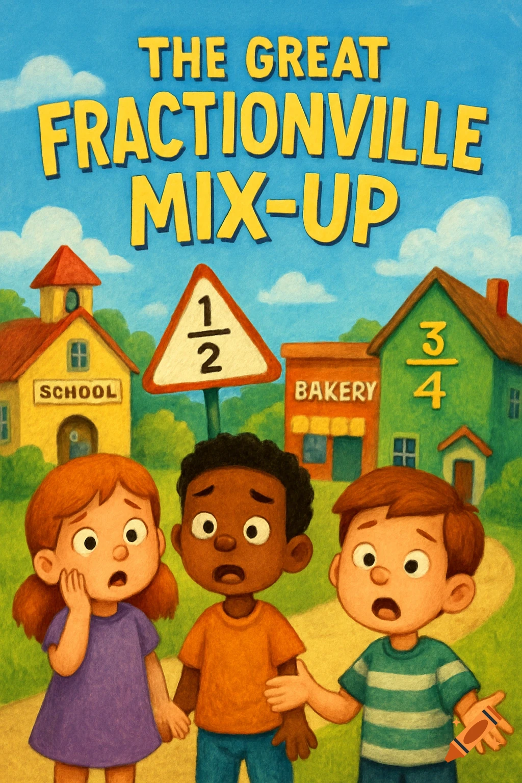 Colorful illustration of a children's book cover titled 'The Great Fractionville Mix-up' with three surprised children and buildings showing fractions.