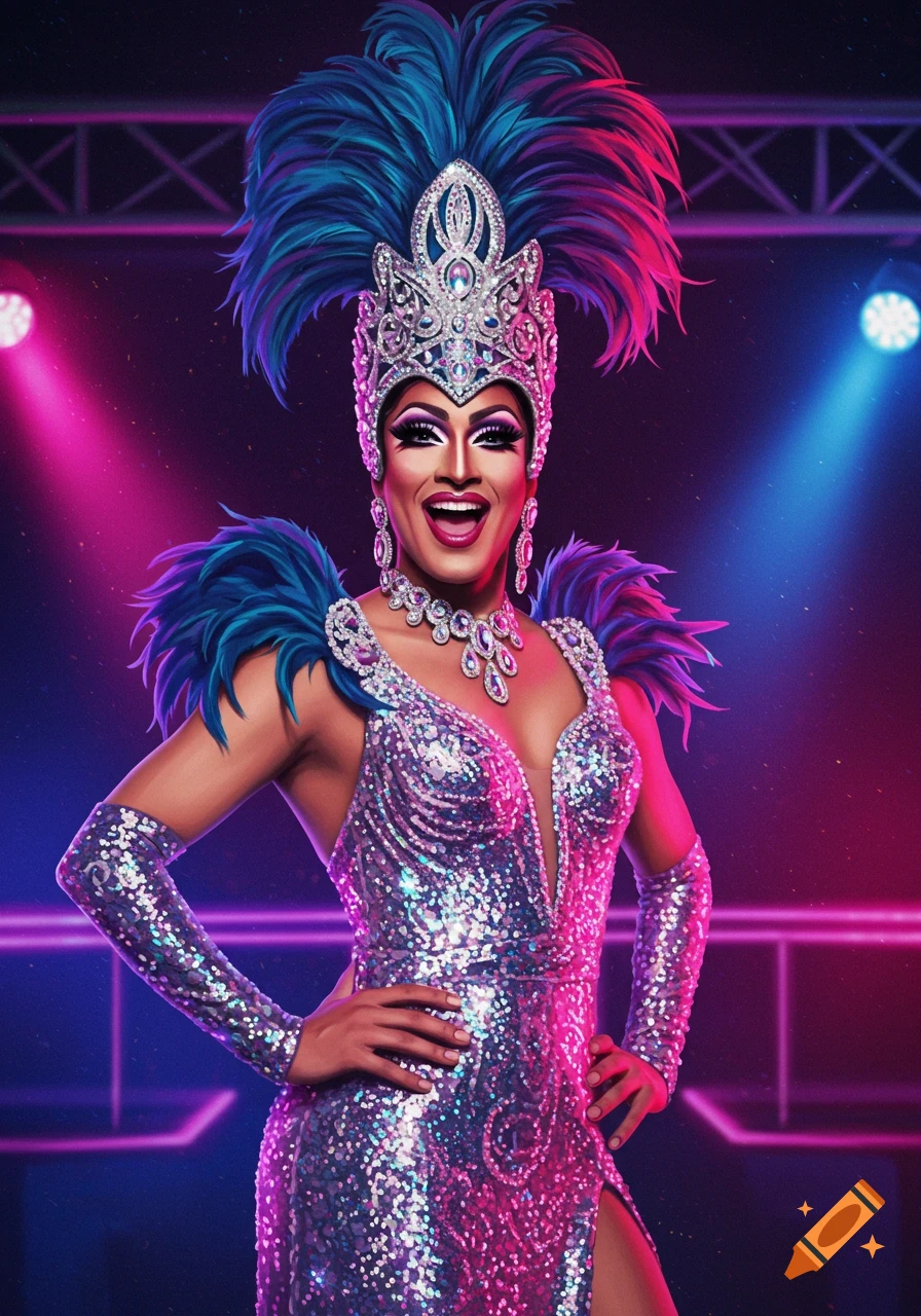 Drag queen in sparkly dress and headdress on stage with lights.