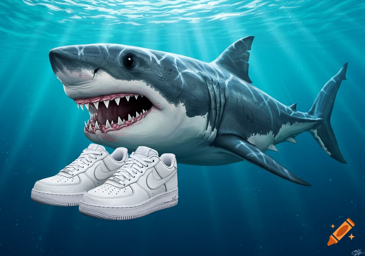 Stylized shark underwater next to white sneakers