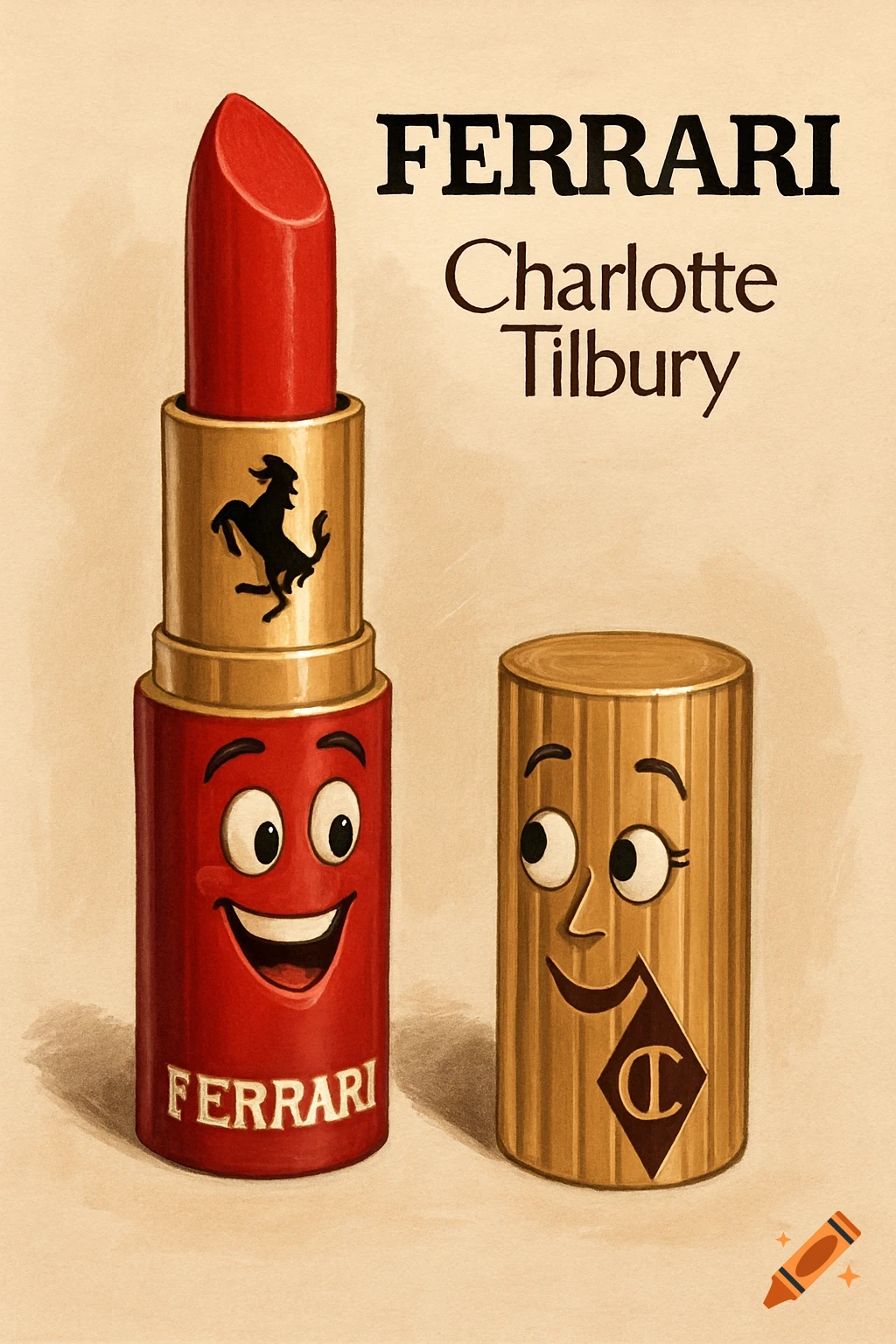 Illustration of a red lipstick with a face and a cap with a face, featuring Ferrari and Charlotte Tilbury branding.