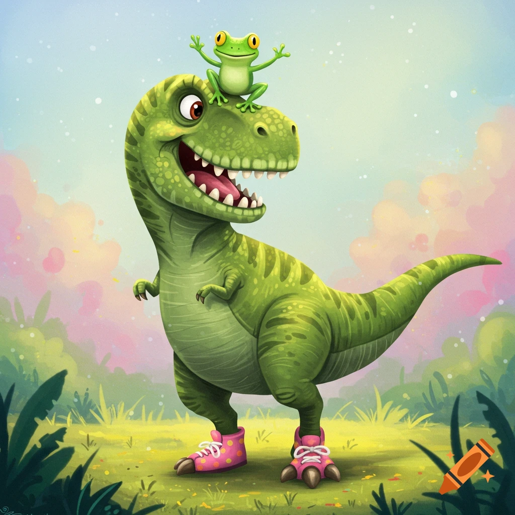 Cartoon green T-Rex in pink polka dot shoes with a frog on its head in a grassy field.