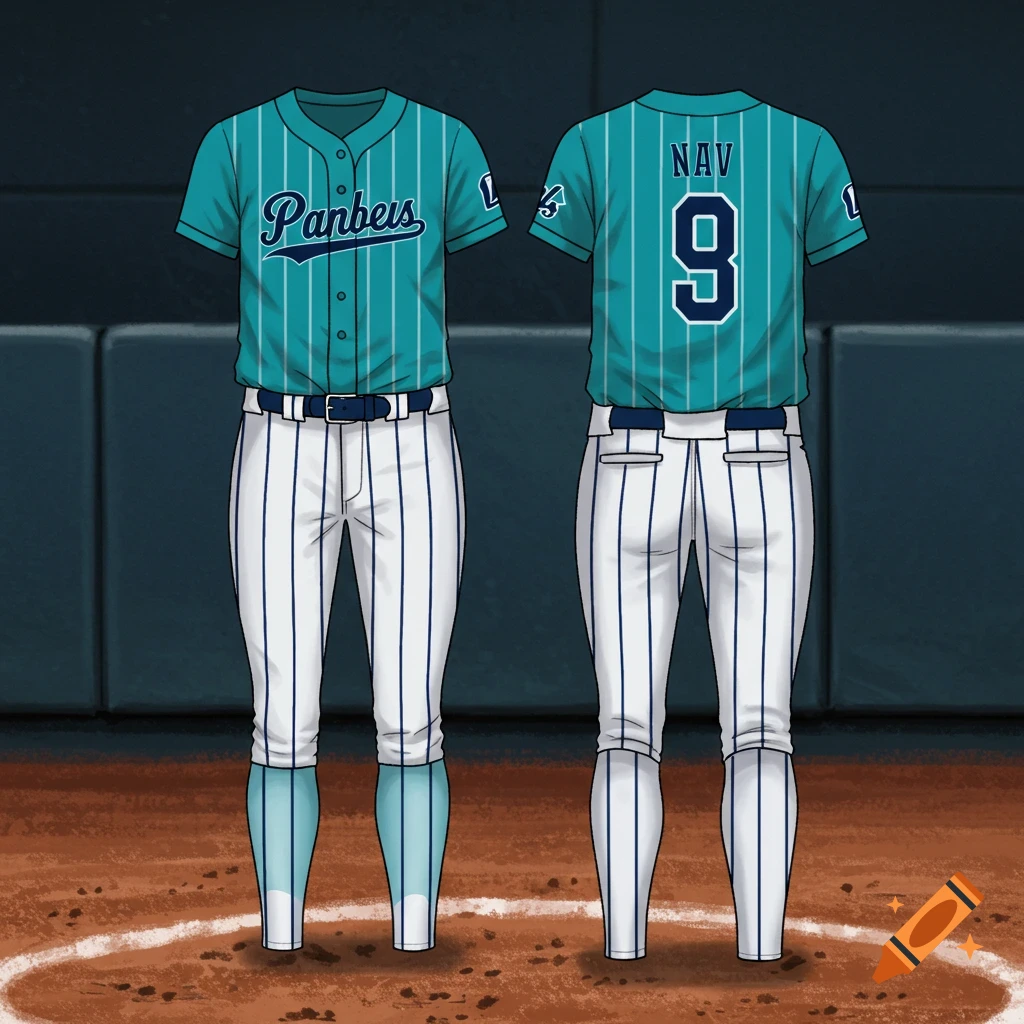 Illustration of the front and back of a teal and white pinstriped softball uniform.