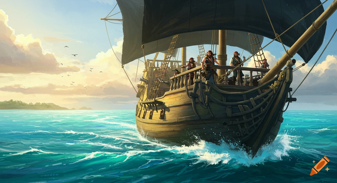 A pirate galleon sails on a blue sea under a cloudy sky, pirates on deck, digital painting style.