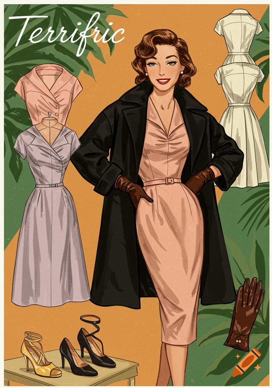 Illustration of a woman in 1950s dress & coat, posing with dresses, shoes, & gloves. Text "Terrific".