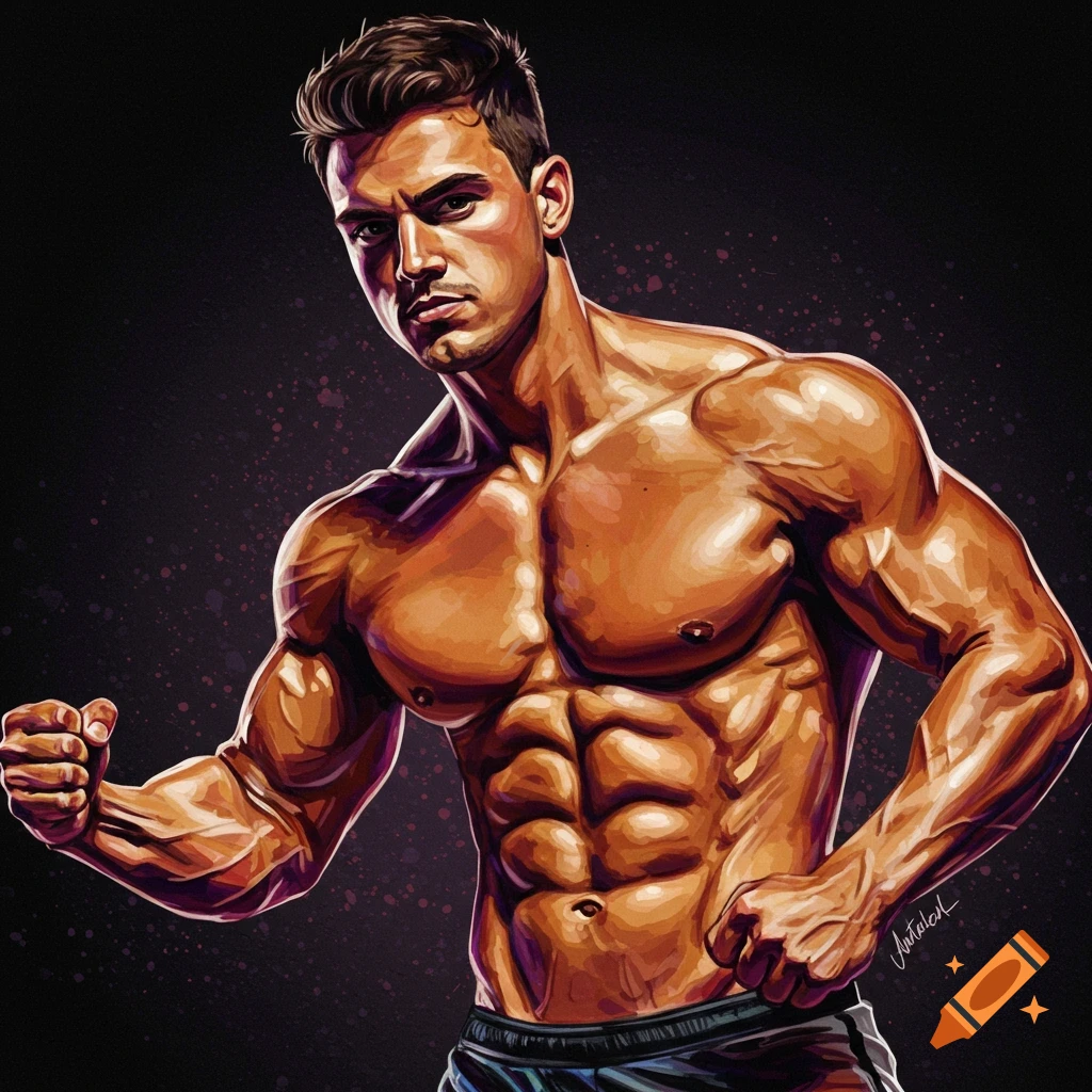 Illustration of a very muscular man flexing.