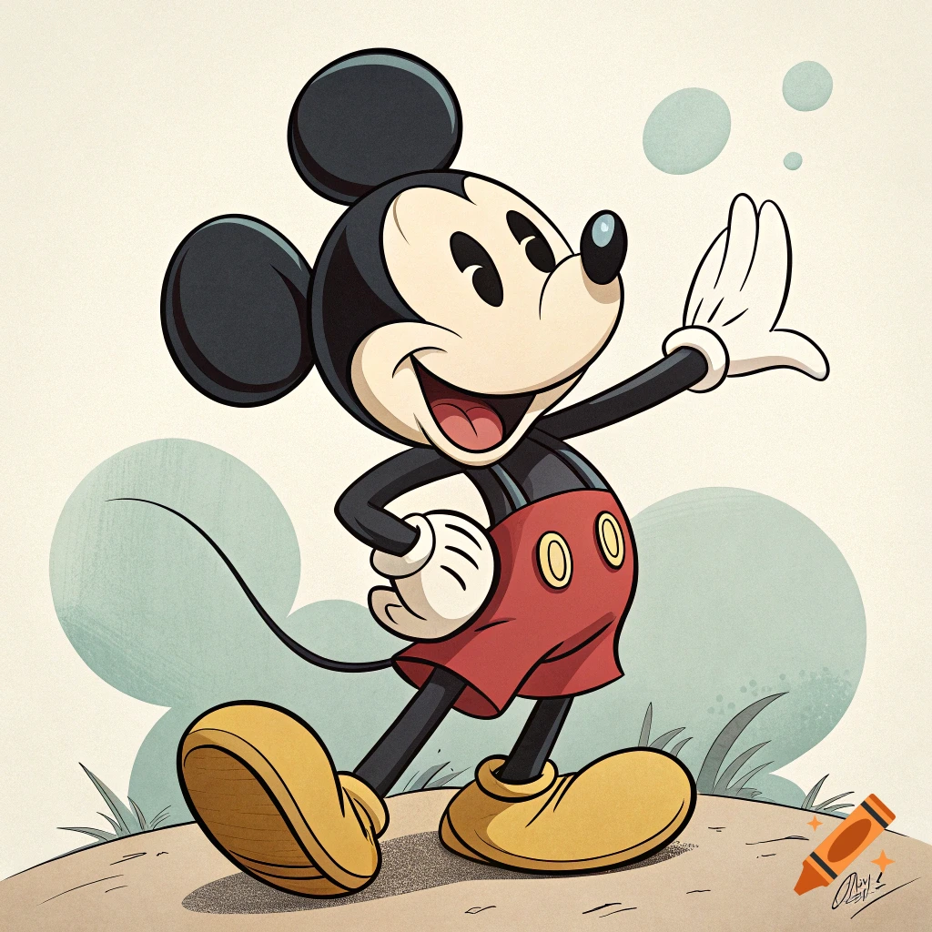 Mickey Mouse walks and waves in a classic cartoon style.