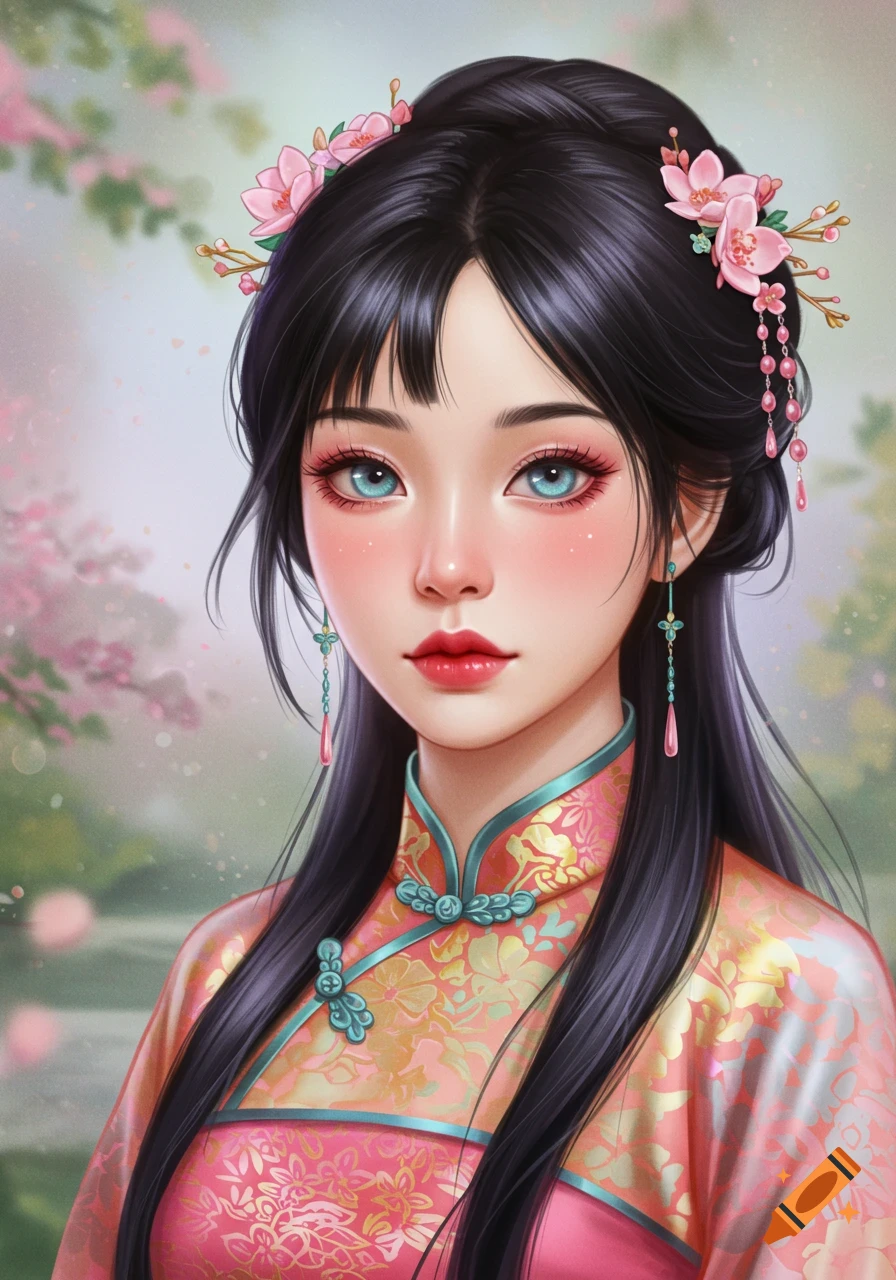 Portrait of a woman in traditional Asian dress with flowers in her hair, digital illustration