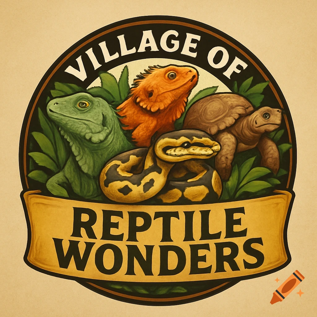 A logo featuring a green iguana, orange bearded dragon, brown tortoise, and ball python.