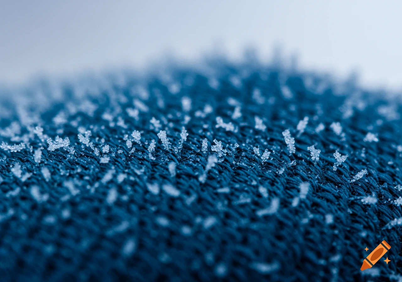 Macro photo of frost crystals on dark blue fabric
