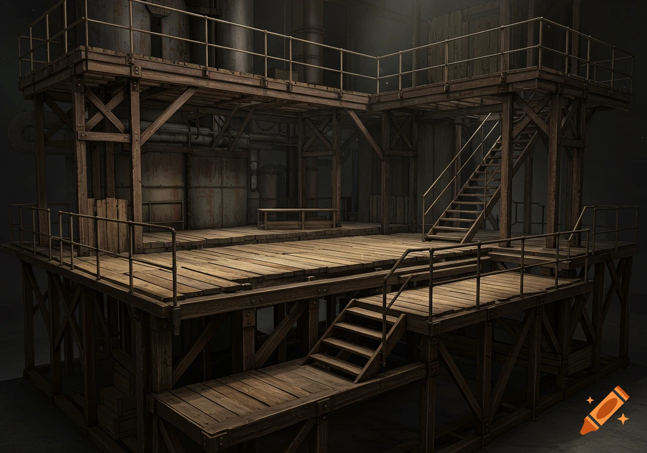 An industrial-style theatre set featuring multi-level wooden platforms, stairs, and metal railings.