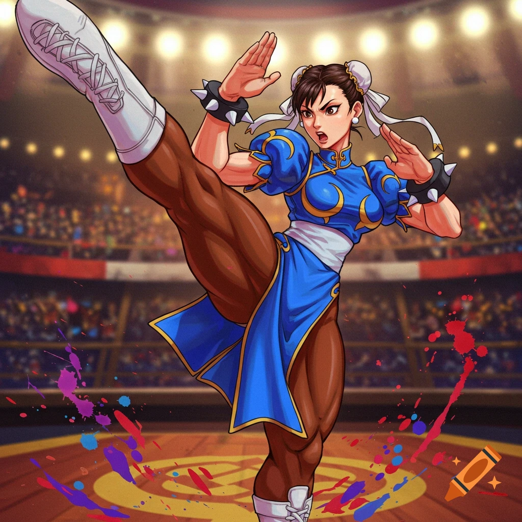 Chun-Li performs a high kick in a fighting arena, illustration style.
