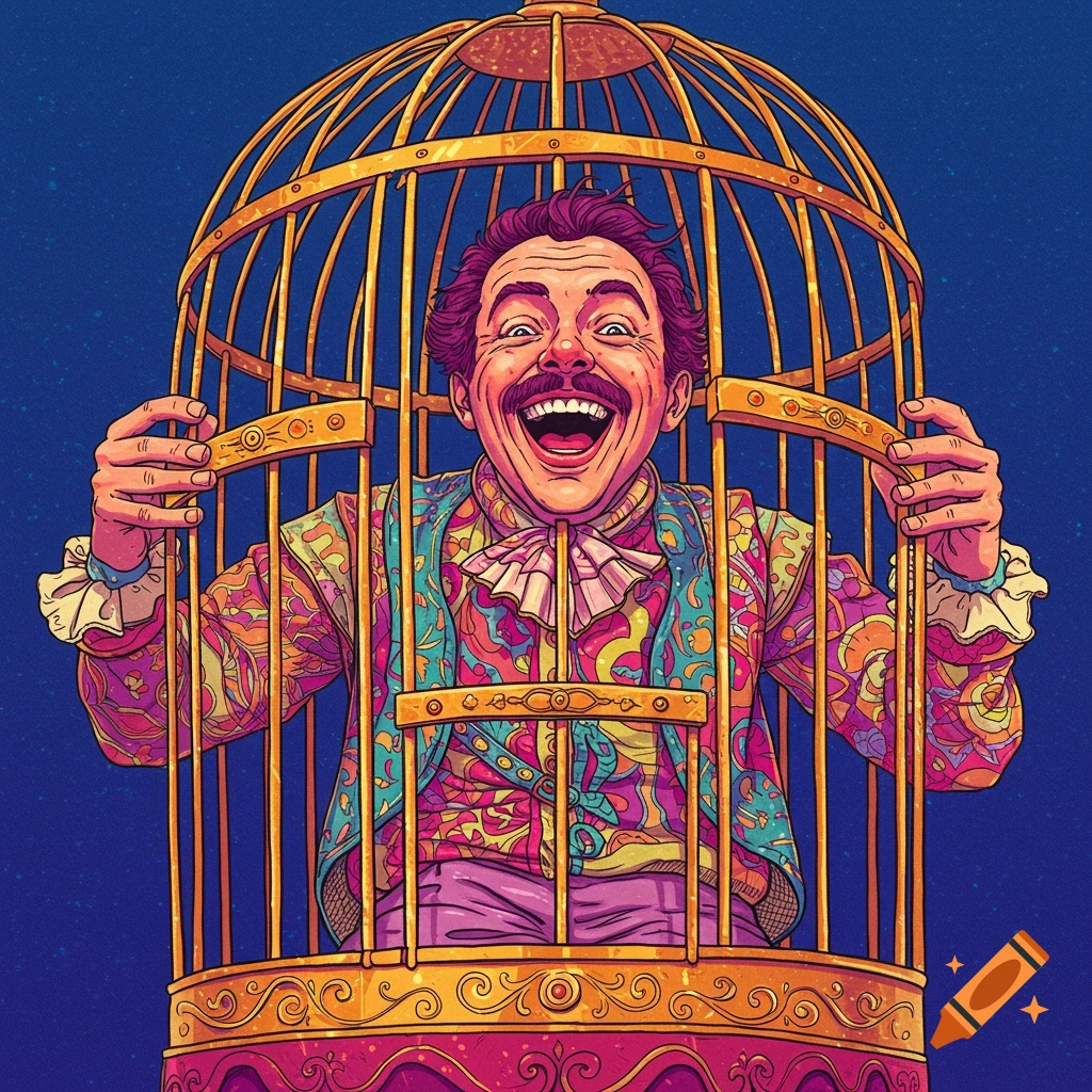 A man with a mustache laughs gleefully from inside a golden birdcage, wearing a colorful, patterned costume. Illustrated.