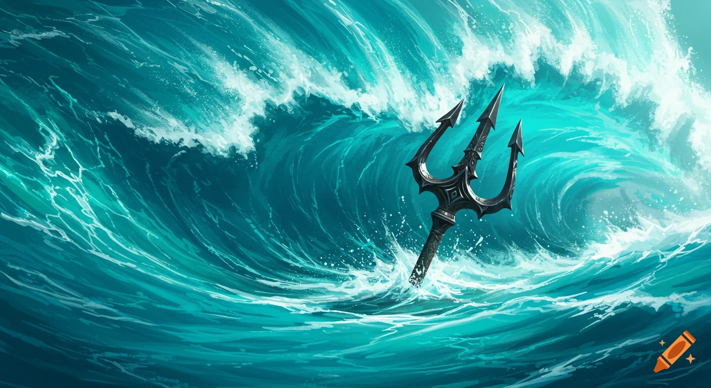 A trident rising from a large cyan wave.