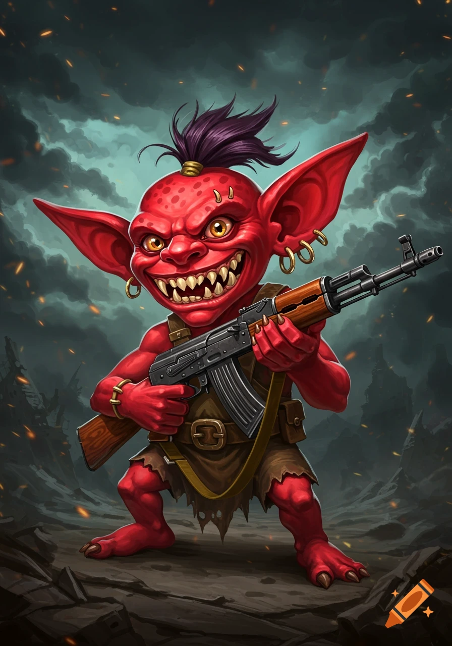 Red goblin holding an AK-47 in a ruined landscape, fantasy art