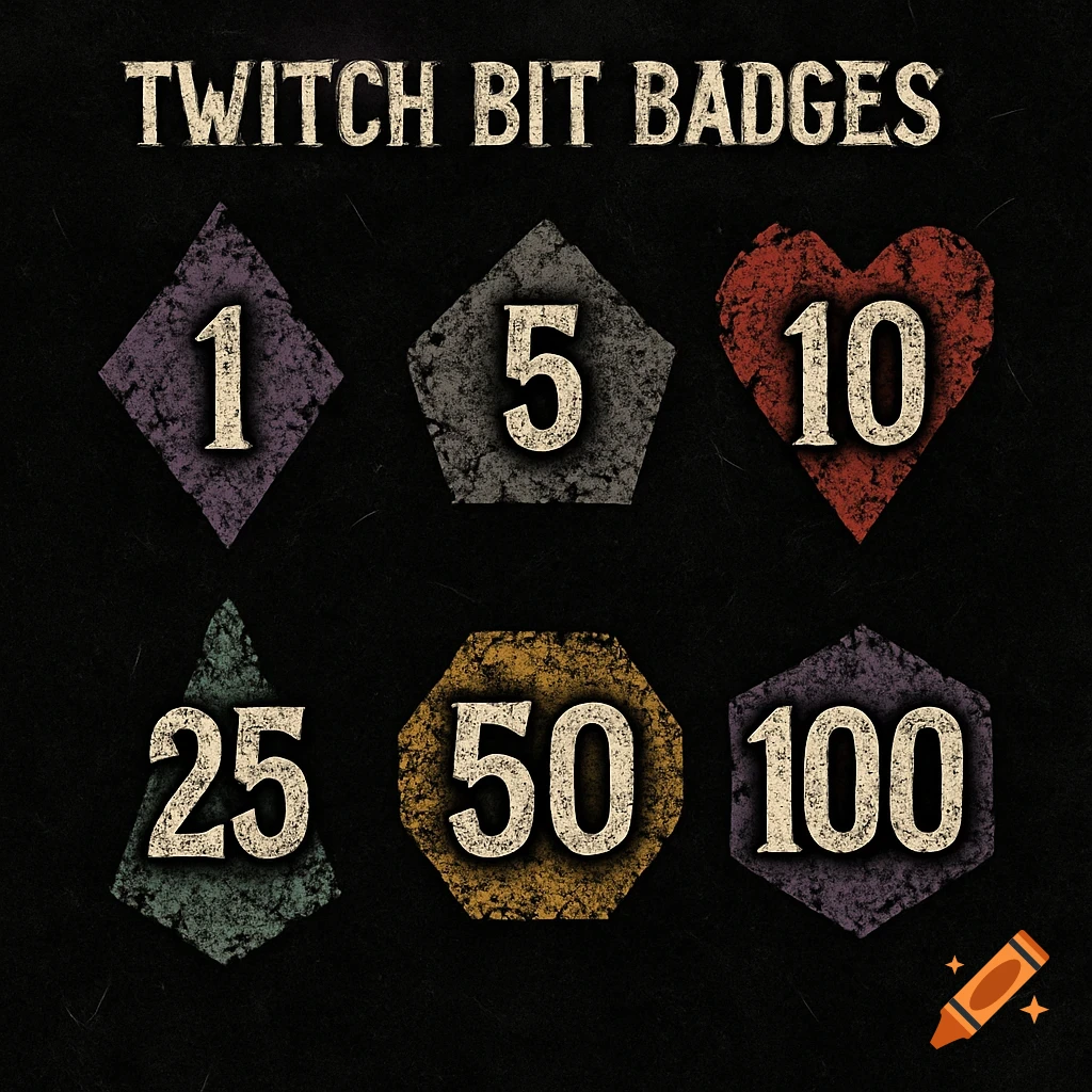 Grunge style Twitch bit badges with numbers 1, 5, 10, 25, 50, 100 on a dark background.