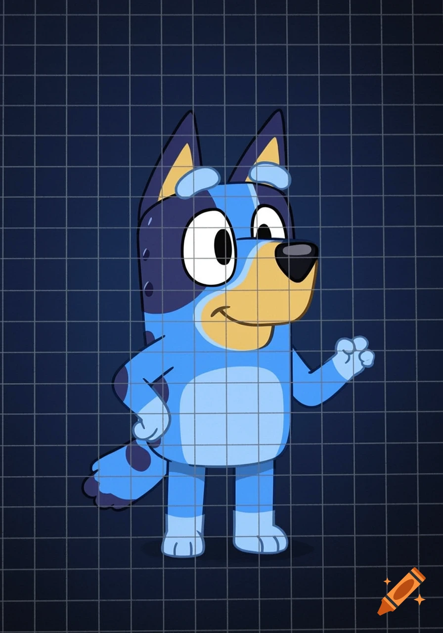 Cartoon character Bluey stands on a dark blue background with a grid overlay.