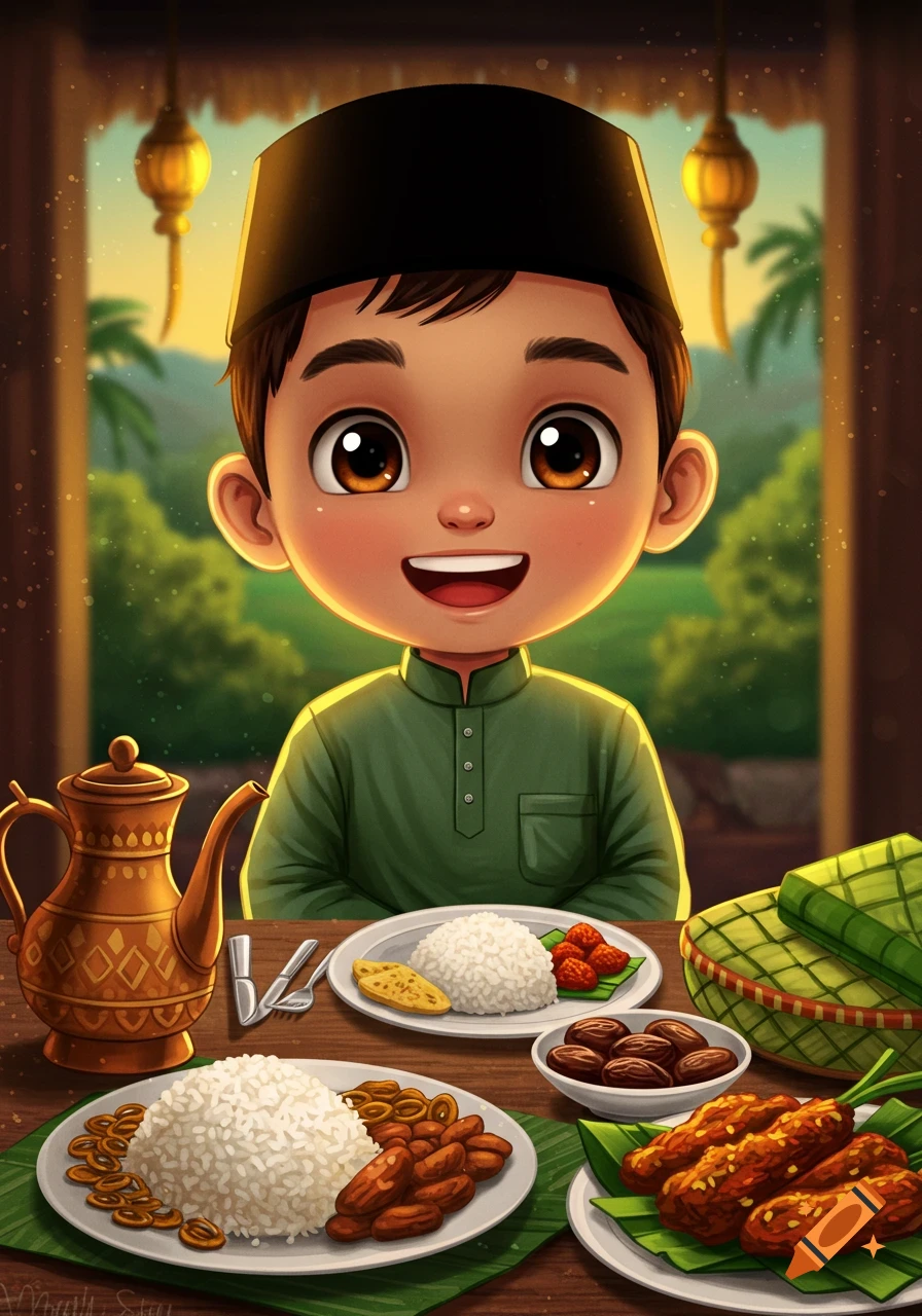 Cartoon boy at a table with rice, dates, and other food items, smiling during a meal.