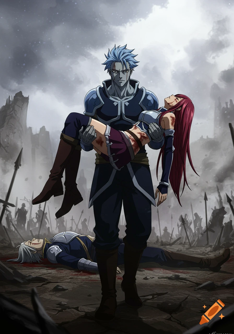 Anime illustration of a man carrying an injured woman across a battlefield with a fallen figure.