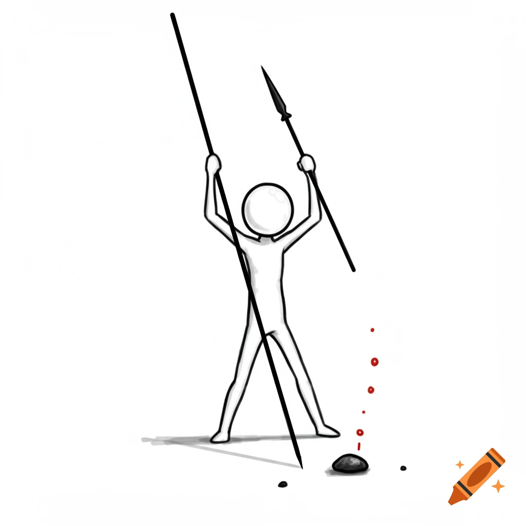 Stick figure holding two spears aimed at a rock, with red dots, simple drawing.