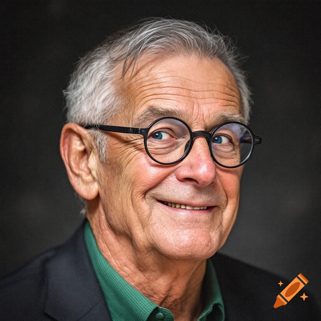 Close-up portrait of an older man with grey hair and round glasses smiling slightly.