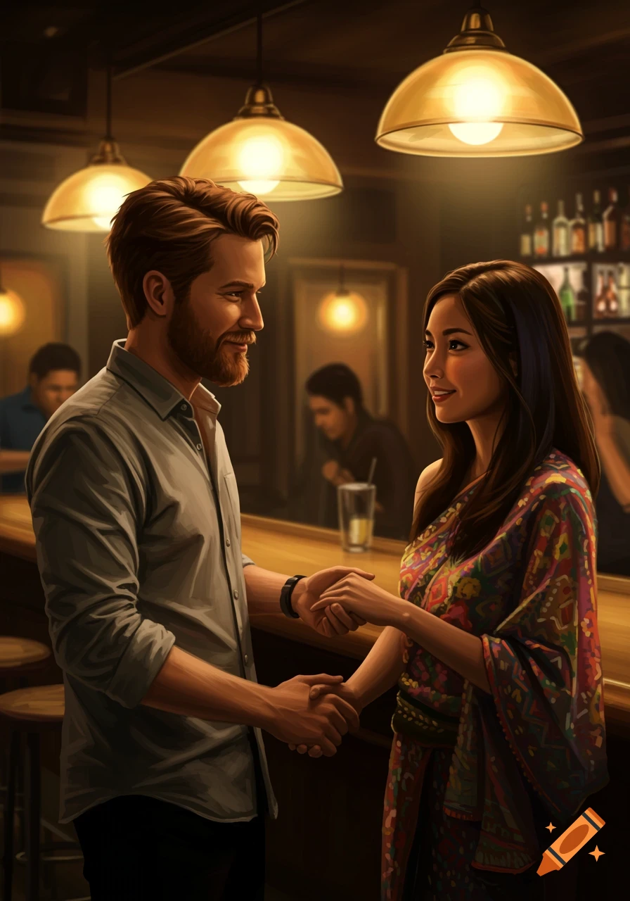 Man and woman hold hands in a dimly lit bar.