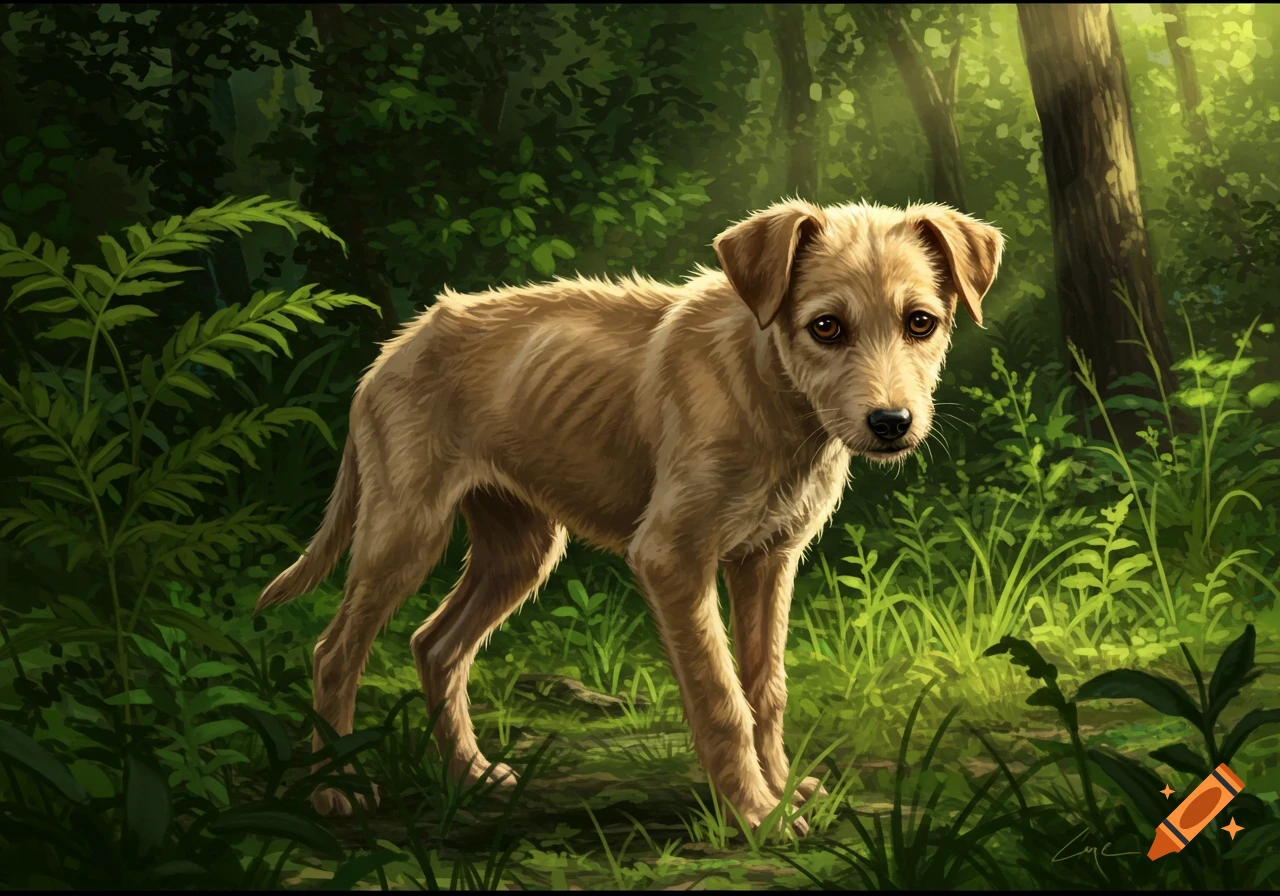 A skinny brown puppy stands on a sunlit path in a lush green forest. Digital painting.