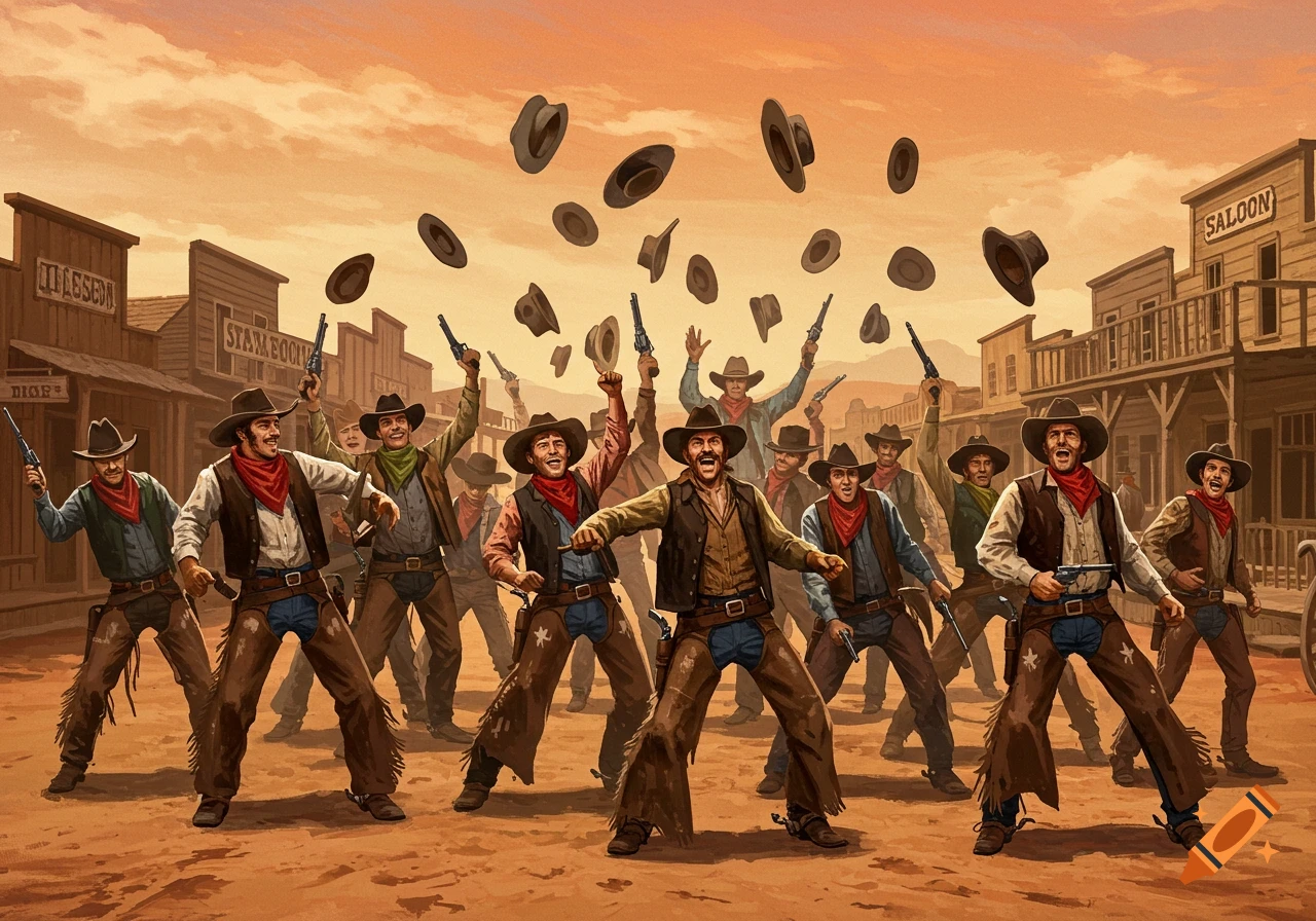 Cowboys celebrate in an Old West town, throwing hats and shooting guns.