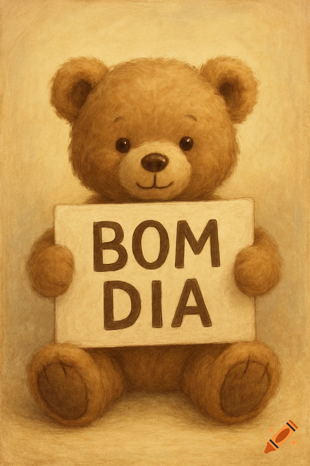 A brown teddy bear drawing holding a sign that says BOM DIA