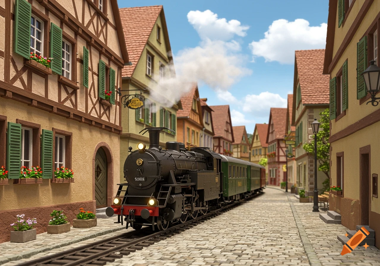 A miniature steam train travels down a cobbled street past traditional European buildings under a blue sky.