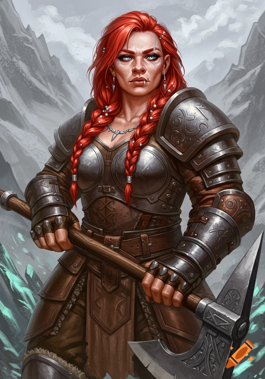 Fantasy dwarf woman with red braided hair wears armor and holds an axe ...