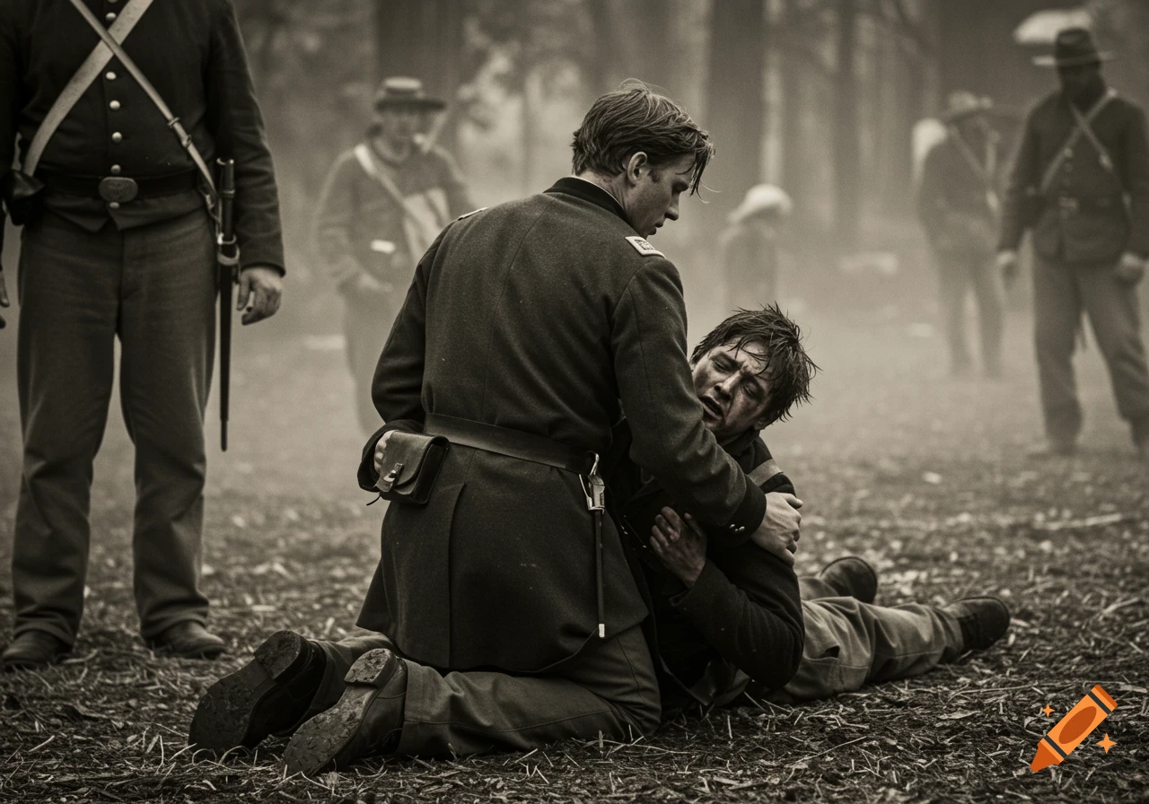 Two soldiers in Civil War uniforms, one tending to a wounded comrade on the ground, in a dusty, atmospheric black and white scene.