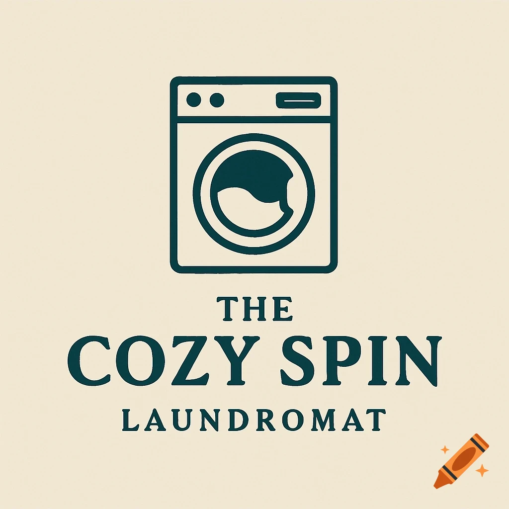 Logo with washing machine icon and text 'THE COZY SPIN LAUNDROMAT'