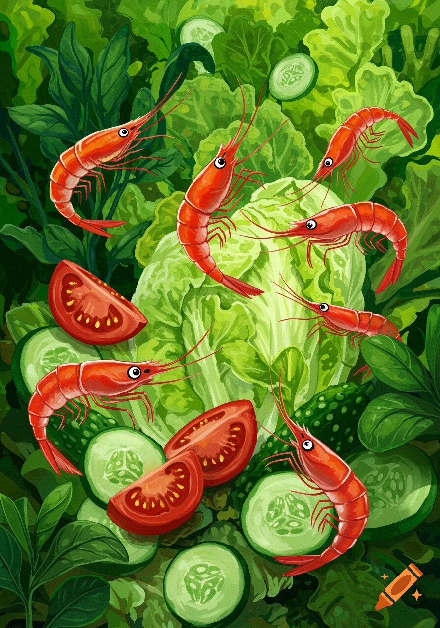 Illustration of red shrimp with lettuce, cucumber, and tomato slices.