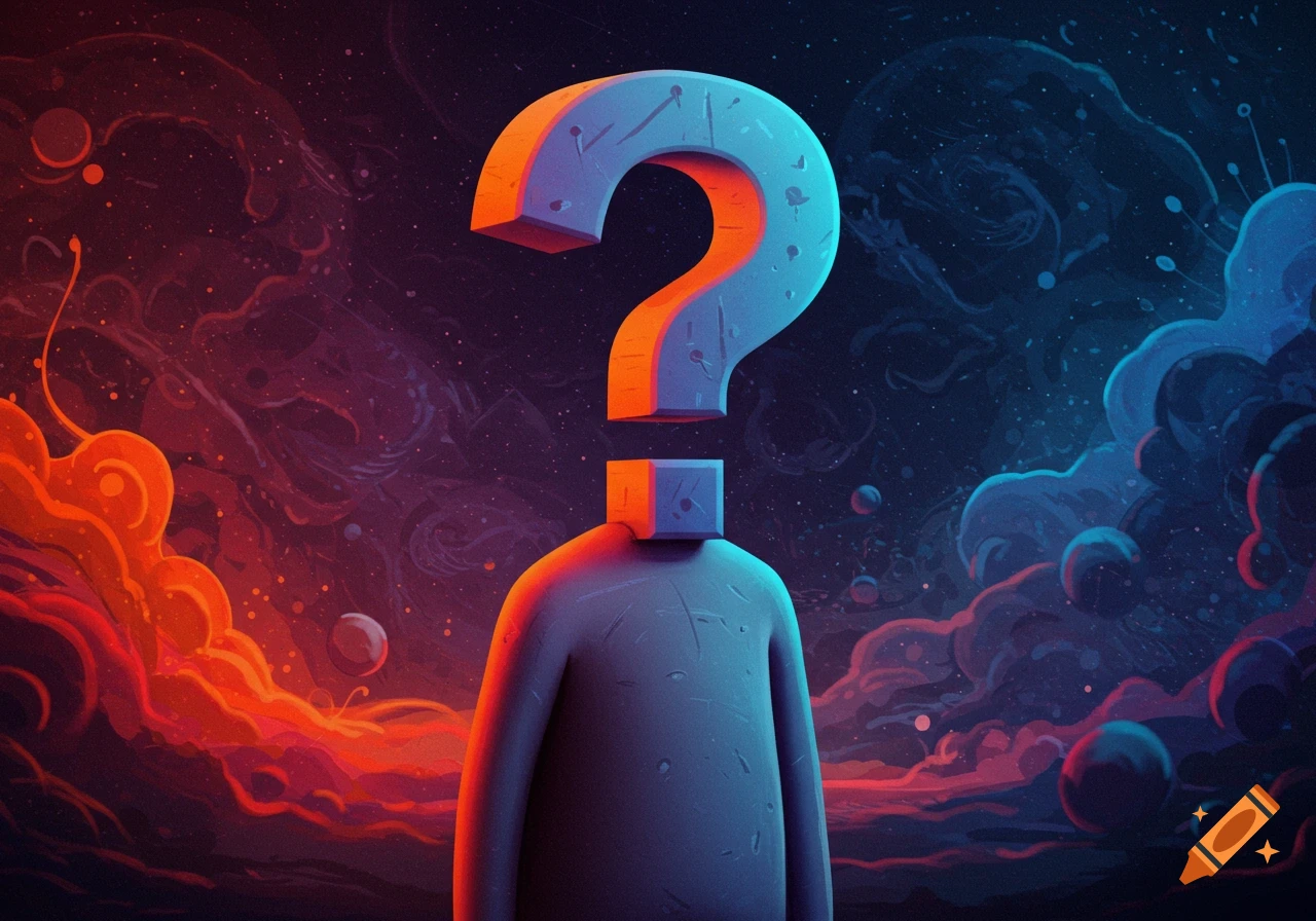 Abstract figure with a question mark for a head standing in a cosmic background with red and blue nebulae.
