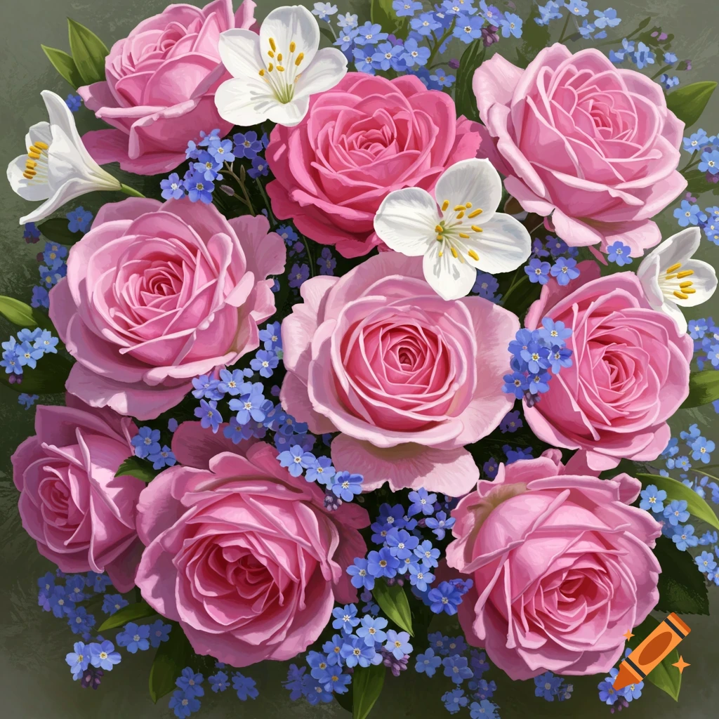 A bouquet of pink roses, white lilies, and blue forget-me-nots.