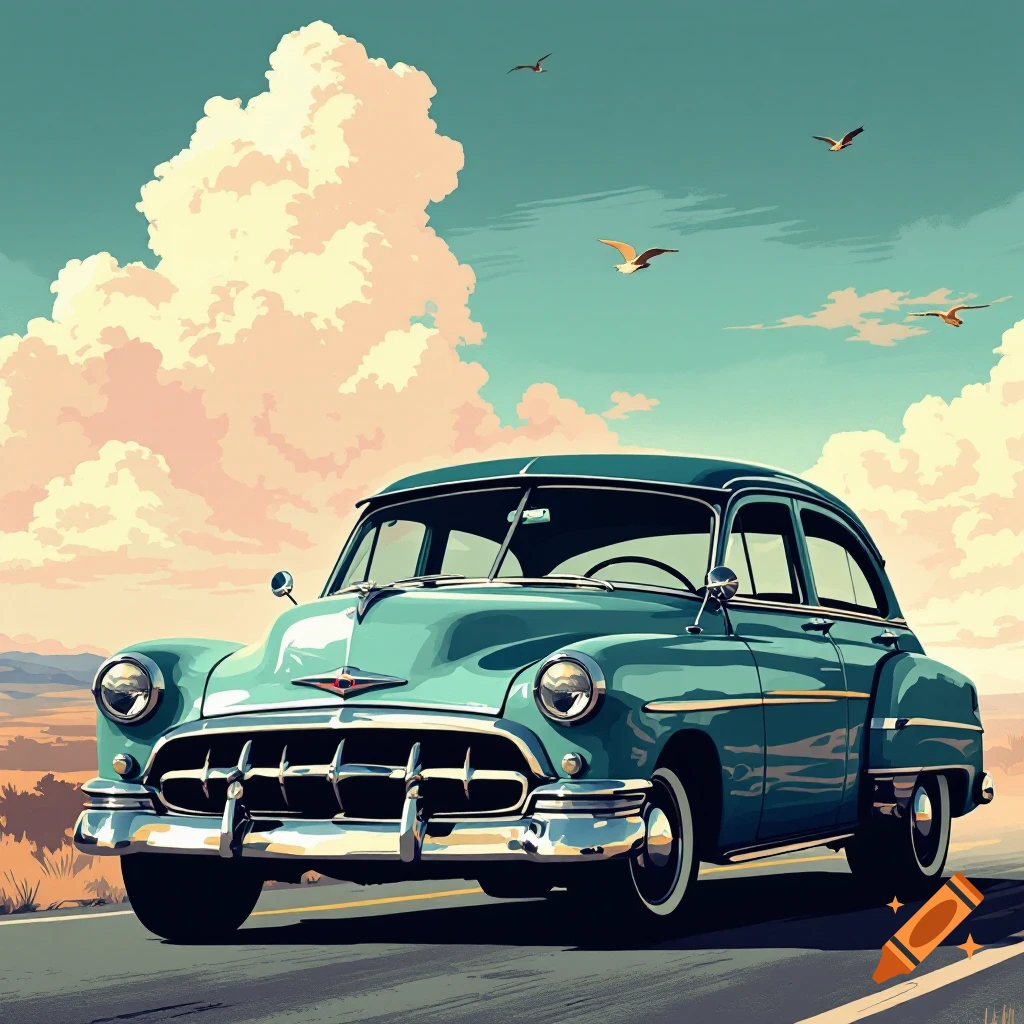 A teal vintage car drives down a road under a colorful sky with clouds and birds.